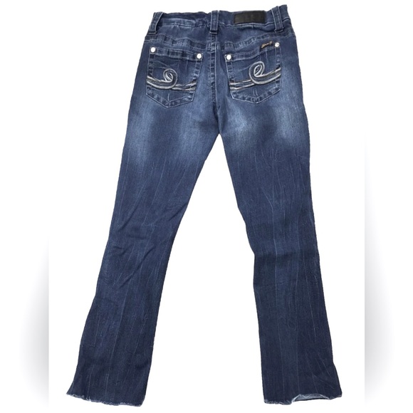 Seven7 size 6 dark blue wash Slim Boot frayed raw hem BOHO faded mid-rise jeans - Picture 2 of 16